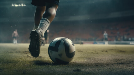 Soccer Player in Action, Kicking Ball for Winning Goal in Vibrant Stadium, Close-Up of Foot Striking Soccer Ball in Motion, Professional Footballer Showcasing Skill and Det. generative ai
