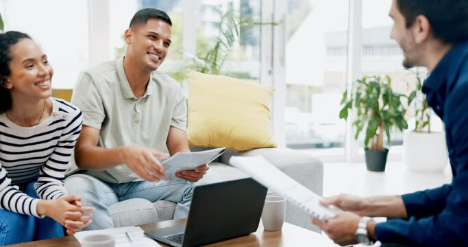 Happy couple, lawyer and handshake with documents for finance, budget or planning expenses on sofa at home. Man and woman talking to financial advisor shaking hands for investment, deal or advice