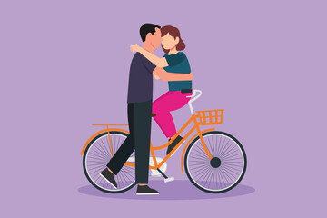 Cartoon flat style drawing romantic couple sitting on bicycle and kissing each other. Love relations, love story, newlywed family in honeymoon traveling adventure. Graphic design vector illustration