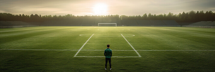 Soccer Player Standing in Center of a Green Soccer Grass Field Stadium. Confident Athlete Football Team Member Ready for Game Action. generative ai - obrazy, fototapety, plakaty