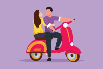 Foto op Plexiglas Character flat drawing couple with scooter vintage, pre-wedding concept. Happy man and cute woman with motorcycle, amorous relationship. Romantic road trip, journey. Cartoon design vector illustration © onetime