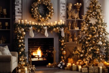 Fototapeta na wymiar Christmas background with burning candles in front of fireplace and Christmas tree AI generated