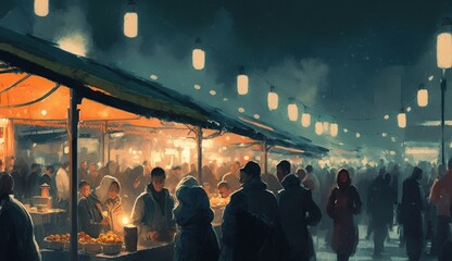crowd of people walking in the market at night, digital painting, Generative AI