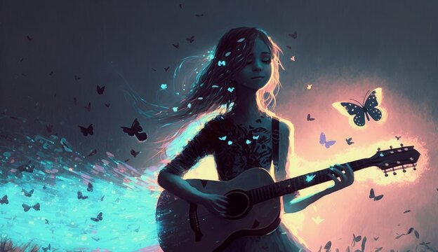 girl playing guitar with a blue light and glowing butterflies, illustration painting, Generative AI