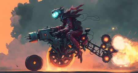 robot man on a bike designed with futuristic machines, digital art style, illustration painting, Generative AI