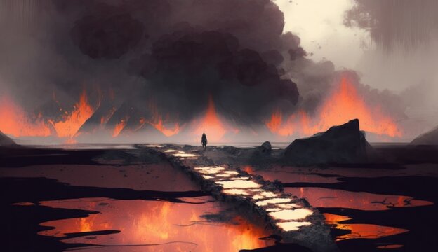 cracks in the ground with magma, man walking on the rock bridge with smoke, volcanic landscape, illustration painting, Generative AI