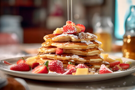Primer plano de deliciosos panqueques, con fresas  pl&aacute;tano az&uacute;car glass y  jarabe de arce goteando. Concepto almuerzo saludable