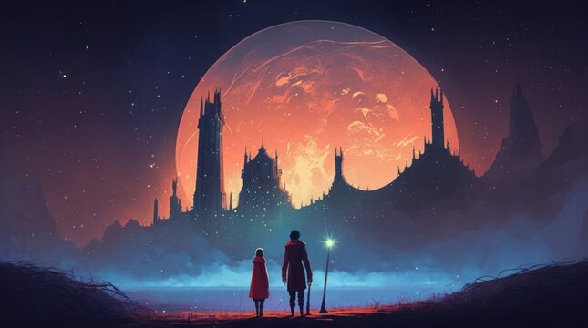 night scenery of man and his daughter looking at mysterious castles against glowing planet, digital art style, illustration painting, Generative AI