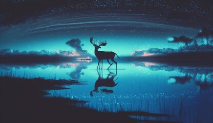 silhouette of the deer walking on water against night sky with blue light, digital art style, illustration painting, Generative AI