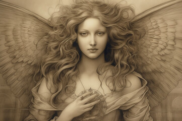 Drawing of a beautiful woman angel with long hair created with Generative AI technology