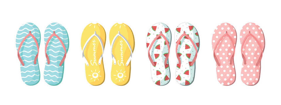 Vector set with colorful summer flip flops for beach holiday designs. Flip flops set isolated on white background. Slippers summer set
