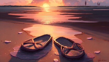 flip flops with lovely hearts on the beach at sunset, digital painting, Generative AI