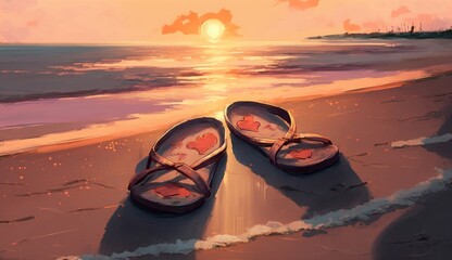 flip flops with lovely hearts on the beach at sunset, digital painting, Generative AI