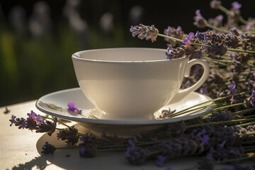 Obraz na płótnie Canvas Cup of Lavender tea with flowers. Generative AI illustration