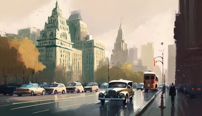 painting of city street view with traffic, Shanghai The Bund, Generative AI - obrazy, fototapety, plakaty