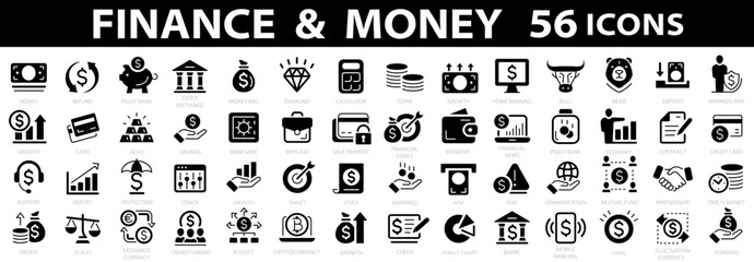 Obraz premium Money Thin Line Icon Set. Finance icon set. Money signs. Vector business and finance editable stroke line icon. Bank, check, law, auction, coins, exchance, payment, wallet, deposit, piggy. Vector