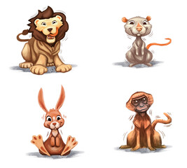 
Cartoon Sketch Jpeg Animal Illustrations, Colorful Cute Smiling Animals, Lion, mouse, rabbit, monkey standing