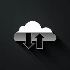 Silver Cloud download and upload icon isolated on black background. Long shadow style. Vector