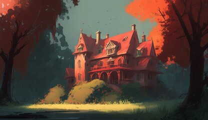 red mansion in the wood, illustration painting, Generative AI