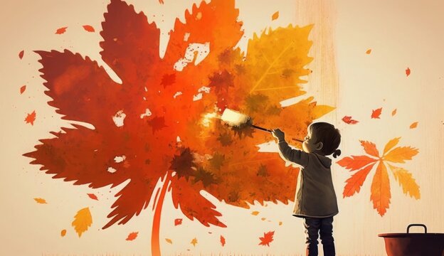 kid painting maple leaves shape on the wall, autumn concept, illustration painting, Generative AI