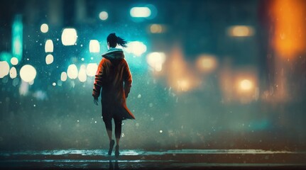 man walking at night in the city, gorgeous cold bokeh background, illustration, Generative AI