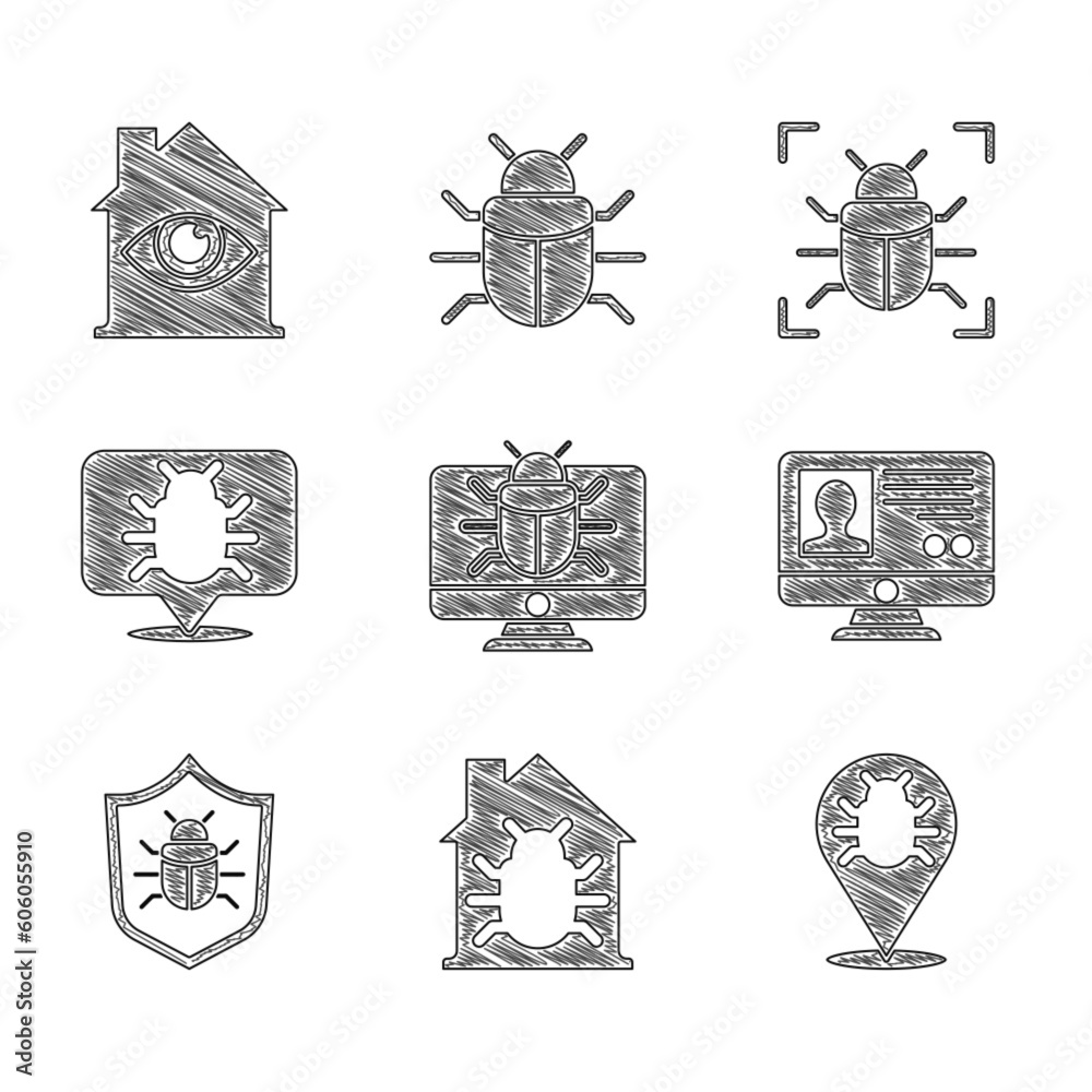 Poster set system bug on monitor, house system, create account screen, and with eye scan icon. vector