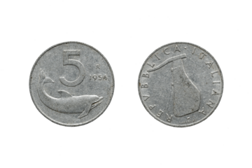 5 Lira Italian aluminum coin from the year 1954. Italian Republic with relief illustration of a dolphin and helm by Giuseppe Romagnoli. 