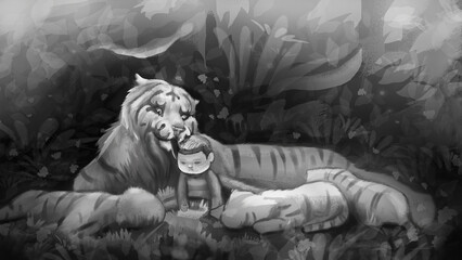
White Tiger Looking After The Human Baby With Her Baby Tigers In Forest, Child