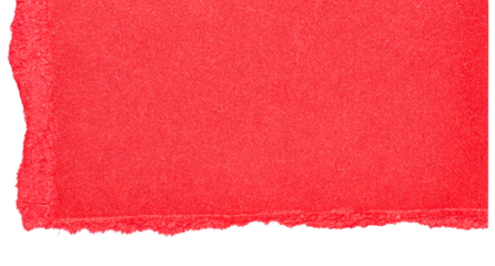Single piece of isolated ripped blank vivid red paper with copy space for text, top view from above on white or transparent background
