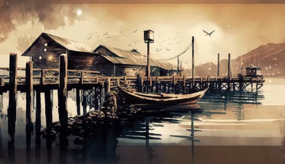 Fotobehang seascape painting showing pier of fishing village in the evening, watercolor style, Generative AI © MG