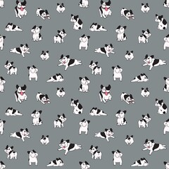 Hand drawn illustrations Cartoon style of French Bulldog breed on gray background. Design for seamless pattern. Texture for Fabric, Wrapping, Wallpaper, Print, Textile, Background, Advertising and etc