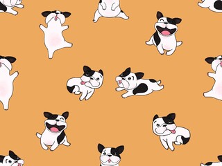 Naklejka premium Hand drawn illustrations Cartoon style of French Bulldog breed on orange background. Design for seamless pattern. Texture for Fabric, Wrapping, Wallpaper, Print, Textile, Background.