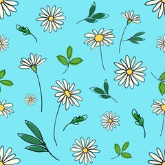 Hand drawn illustrations digital painting of flowers and leaves on blue sky background. One Line artwork style. Design for seamless pattern. Texture for Fabric, Wrapping, Wallpaper, Print, Textile. 