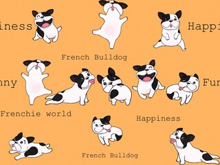 Naklejka premium Hand drawn illustrations Cartoon style of French Bulldog breed and calligraphy on orange background. Design for seamless pattern. Texture for Fabric, Wrapping, Wallpaper, Print, Textile, Advertising .