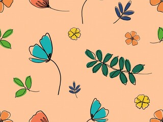 Hand drawn illustrations digital painting of flowers and leaves on peach color background. One Line artwork style. Design for seamless pattern.  Texture for Fabric, Wrapping, Print, Textile.
