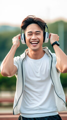 Fototapeta premium Generative AI - Active Lifestyle Radiance: Fit and Healthy Man Smiles While Listening to Music