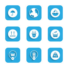 Set Electric plug, Trash can, Weight, Hand wash laundry, Delicate, Temperature, Carton cardboard box and Delivery package with umbrella icon. Vector