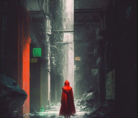 Red Riding Hood in futuristic alley, science fiction scene, illustration, Generative AI