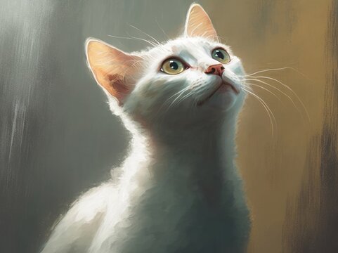 young white cat looking up, digital painting, Generative AI