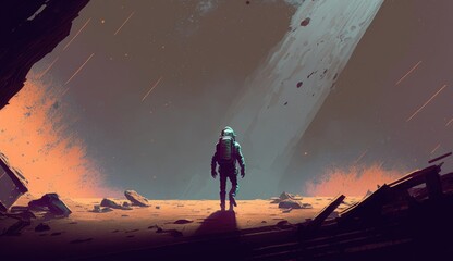 sci-fi scene showing the astronaut walking on light path in dead earth, digital art style, illustration painting, Generative AI