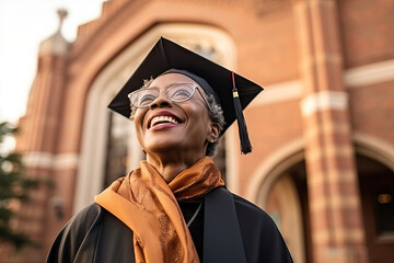 Generative AI illustration of a mature and happy African American graduate wearing a graduation cap and black capped glasses smiling and looking up