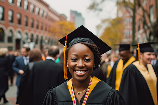 Generative AI illustration of a happy young African American woman graduate in a black graduation cap and tunic looking at the camera and smiling