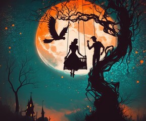 Halloween night background with man pushing woman on swing, Generative AI