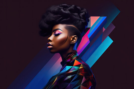 Generative AI illustration showing side view of young African American female model with makeup and stylish clothes with Afro hairstyle in studio