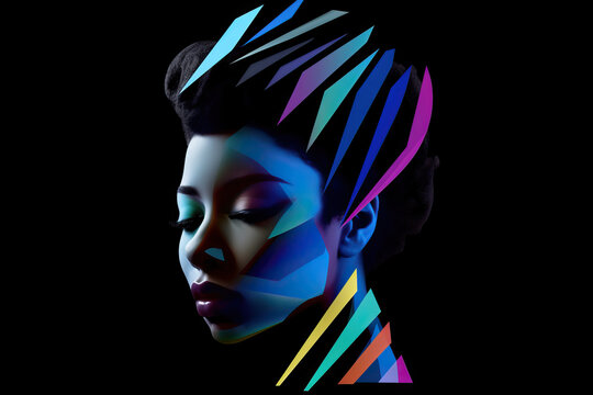 Generative AI illustration of female model with multicolored bright makeup and closed eyes against black background