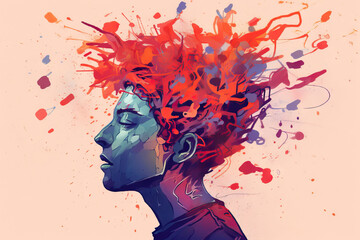 Generative AI illustration portrait of man with orange and red splash paints over bushy hair against grey background
