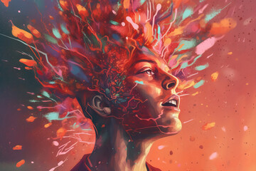 Generative AI illustration of exhausted man with abstract wires in head and opened mouth looking away representing concept of mental health problems