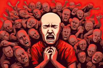 Generative AI illustration of scared bald man screaming with closed eyes against crowd of people on red background with mental health concept
