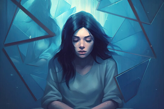 Generative AI illustration of sad and moody female in clothes with long hair with eyes closed on transparent glass wall in blue background neon light
