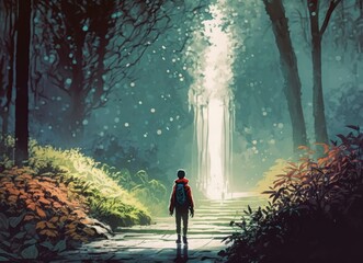 the man walking in beautiful forest with digital art style, illustration painting, Generative AI